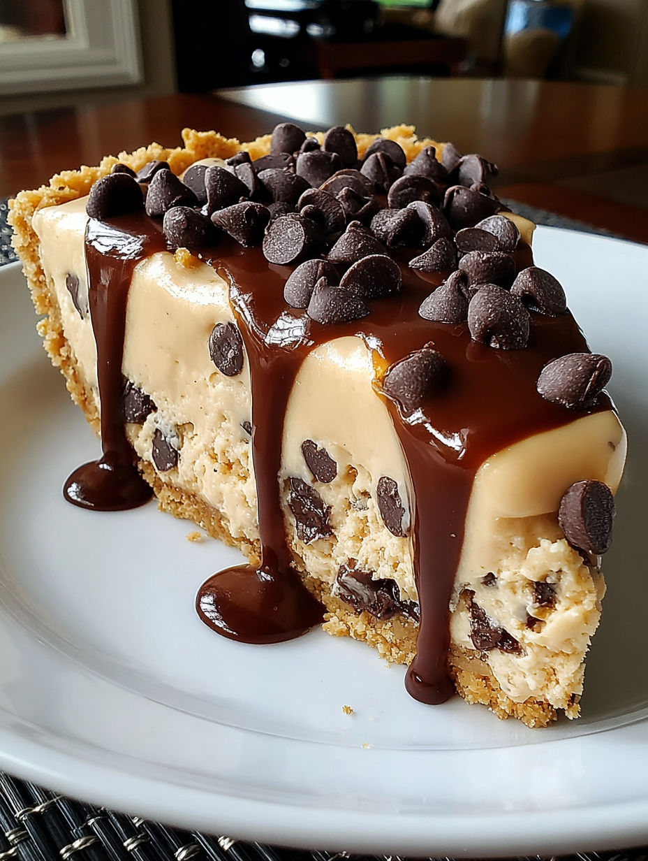 A slice of chocolate chip cookie dough pie.
