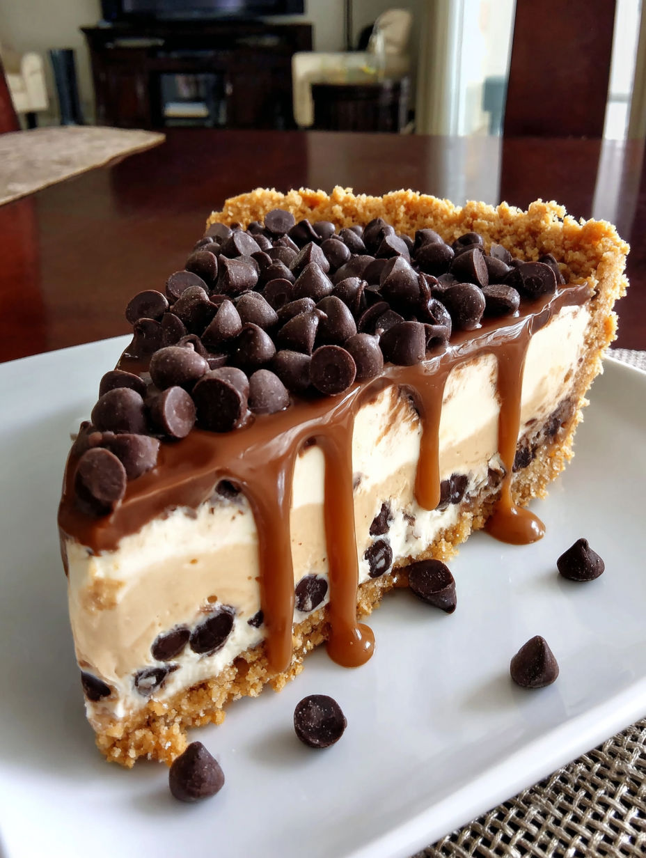 A slice of chocolate chip cookie dough pie.