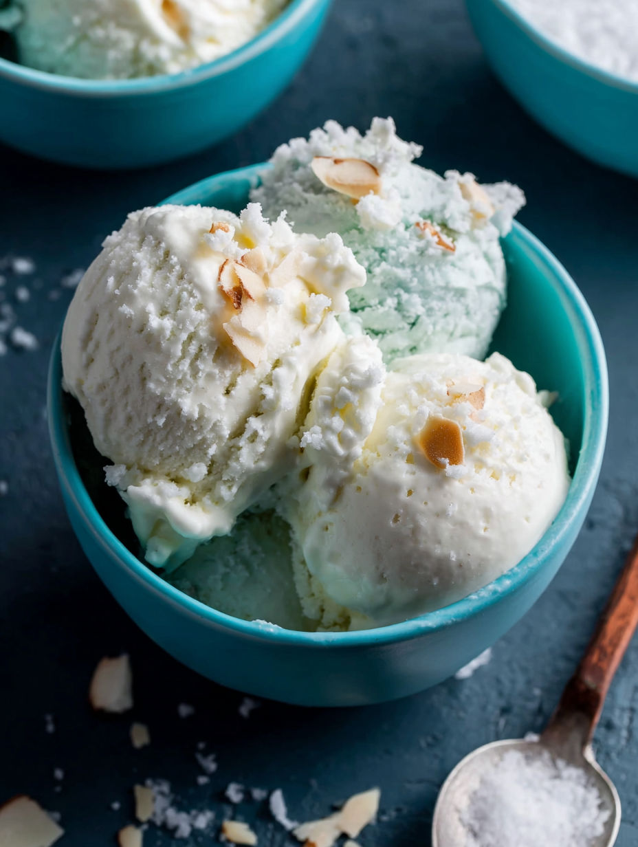 A bowl of snow ice cream with almonds on top.