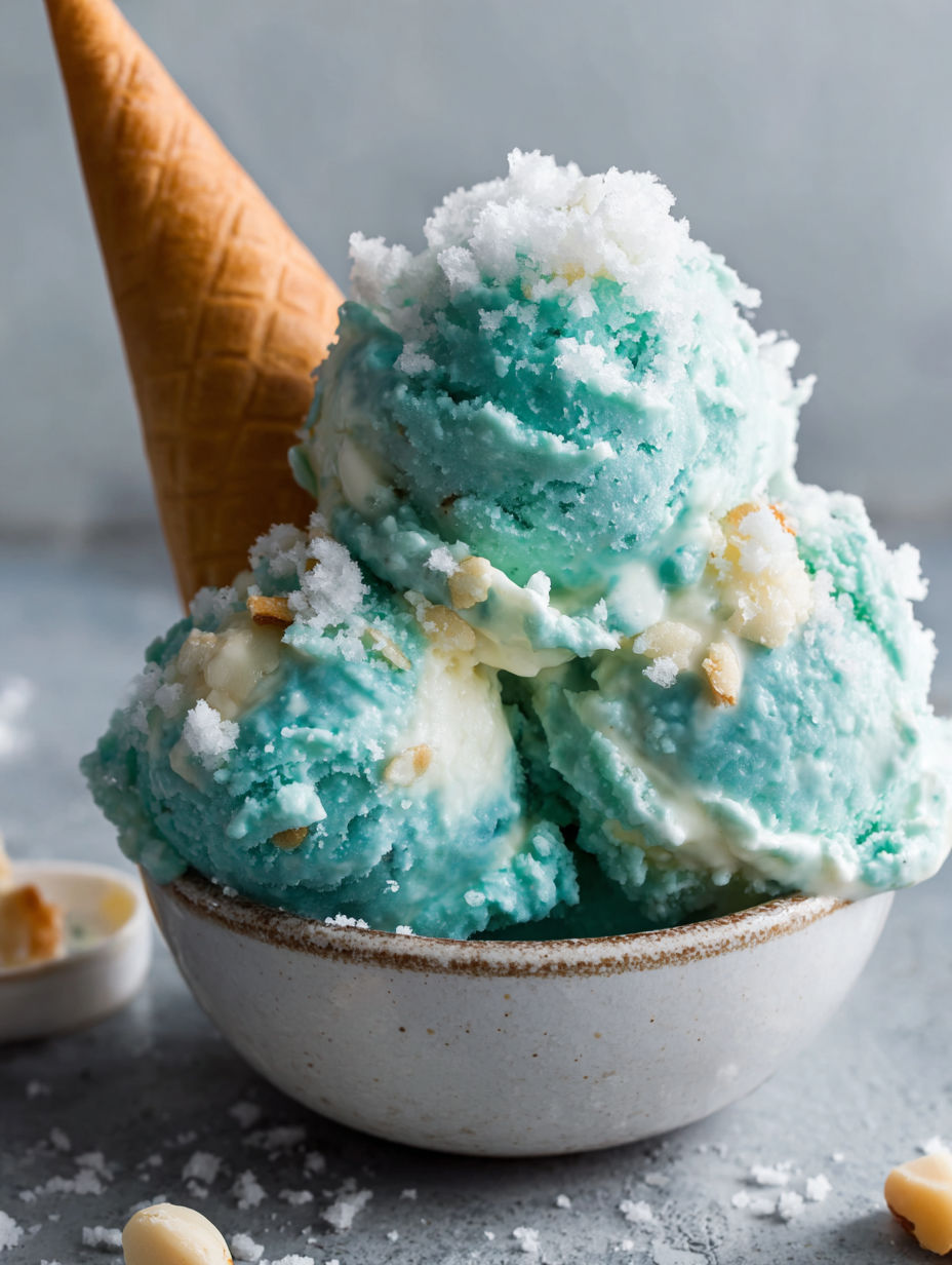 A bowl of blue ice cream with a scoop of vanilla ice cream on top.