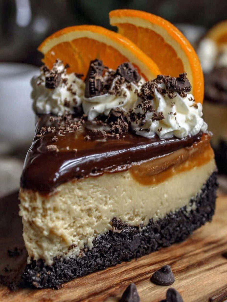 A slice of chocolate orange cheesecake.