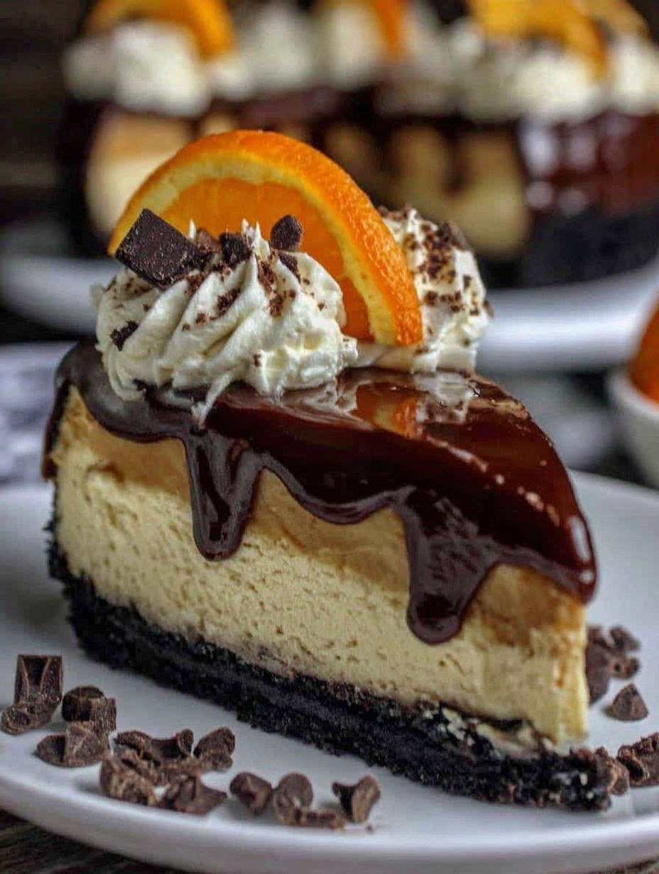A slice of chocolate orange cheesecake with a drizzle of chocolate sauce.