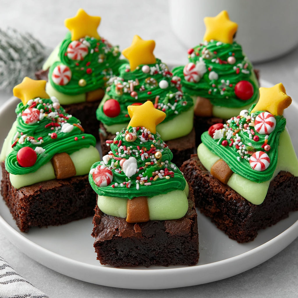 A plate of Christmas tree brownie bites.