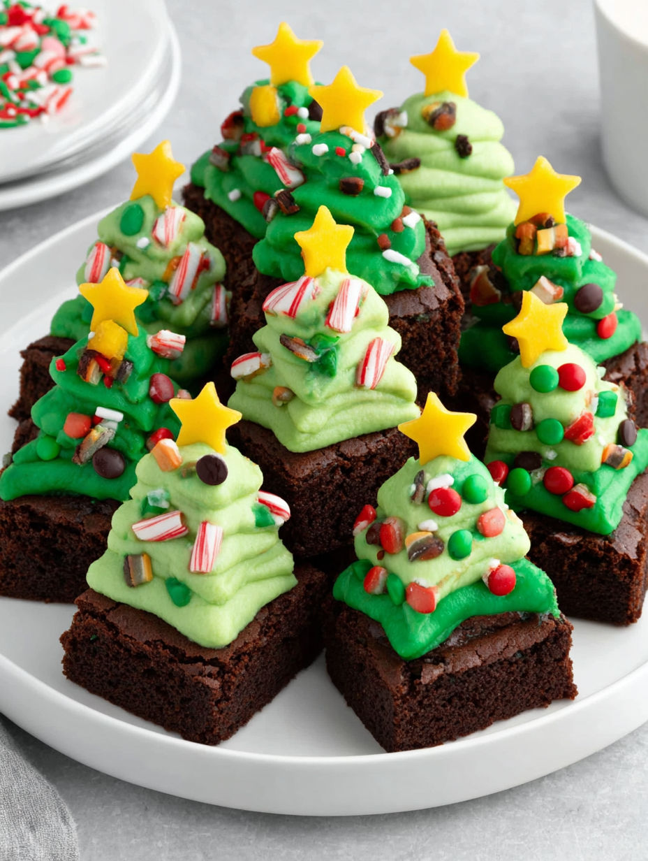 A plate of Christmas tree brownie bites.