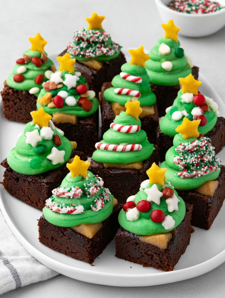 A plate of Christmas tree brownie bites.