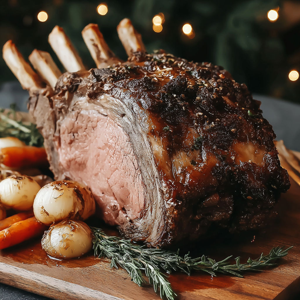 A juicy, tender, and impressive prime rib roast is displayed on a wooden cutting board.
