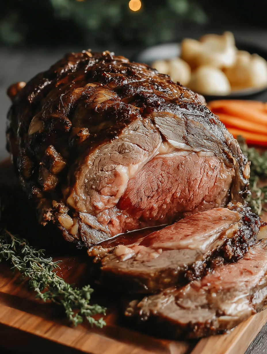 A roast beef dinner with potatoes and carrots.