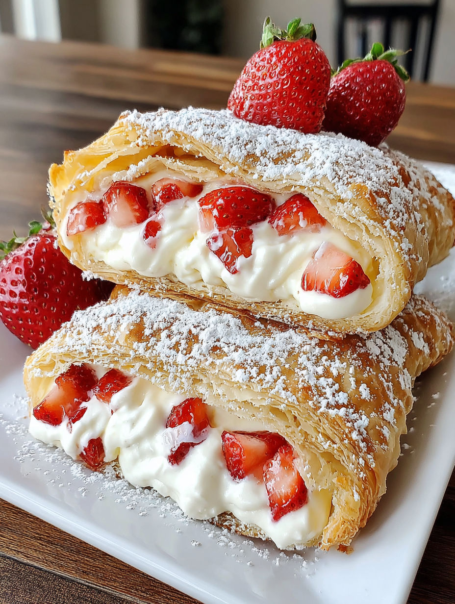 Two strawberry cheesecake turnovers with powdered sugar on a plate.
