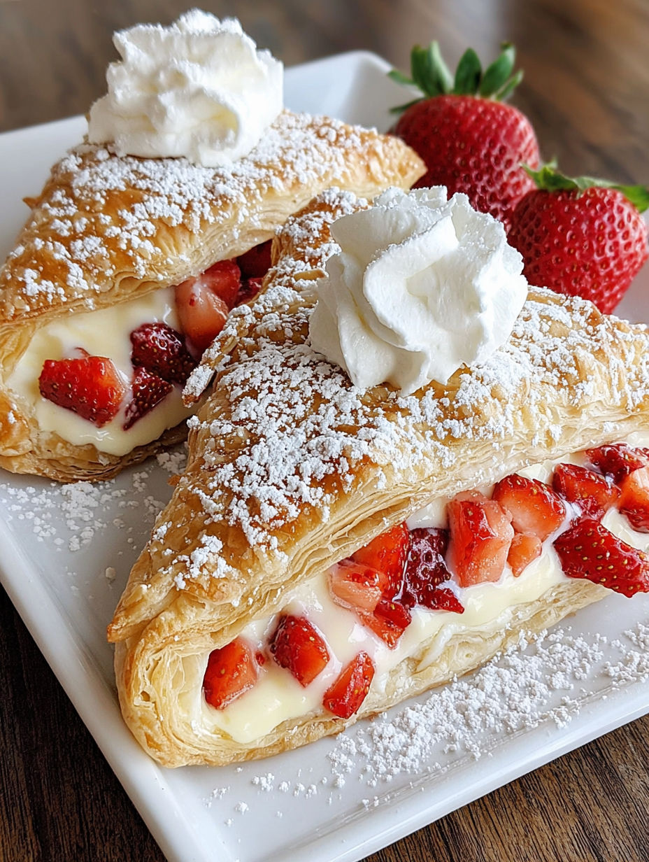 Two strawberry cheesecake turnovers with whipped cream on a plate.