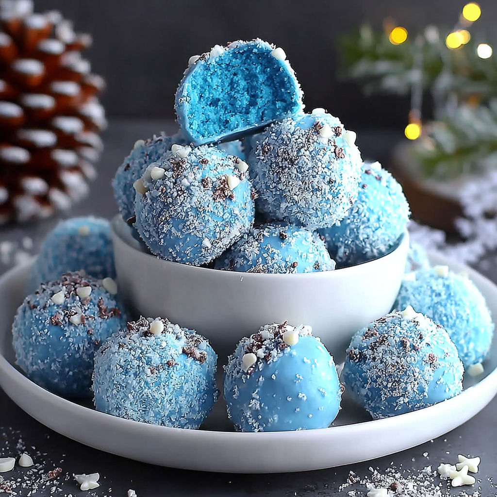 A bowl of blue truffles with white chocolate chips.