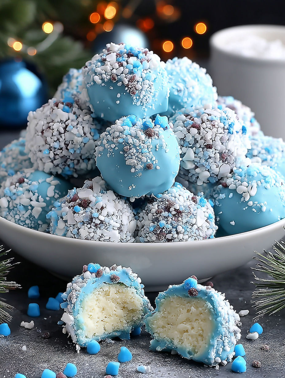 A bowl of blue and white truffles.