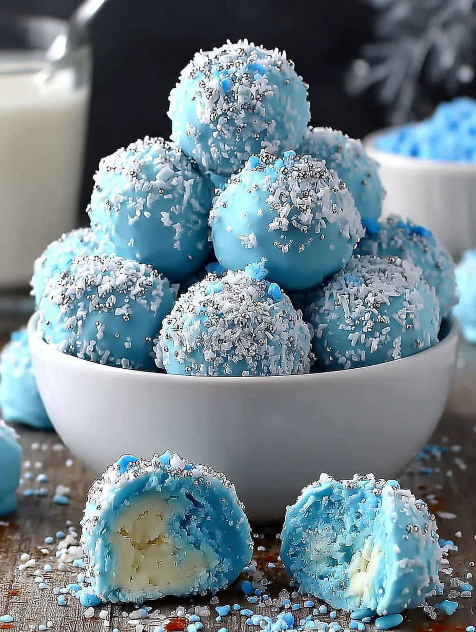 A bowl of blue truffles with white sprinkles.