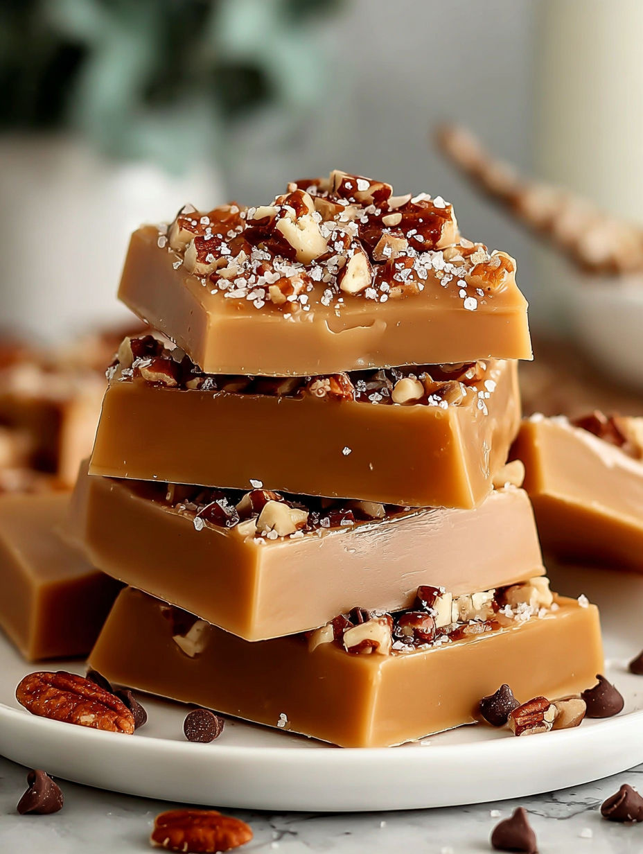 Stacks of toffee with nuts on top.