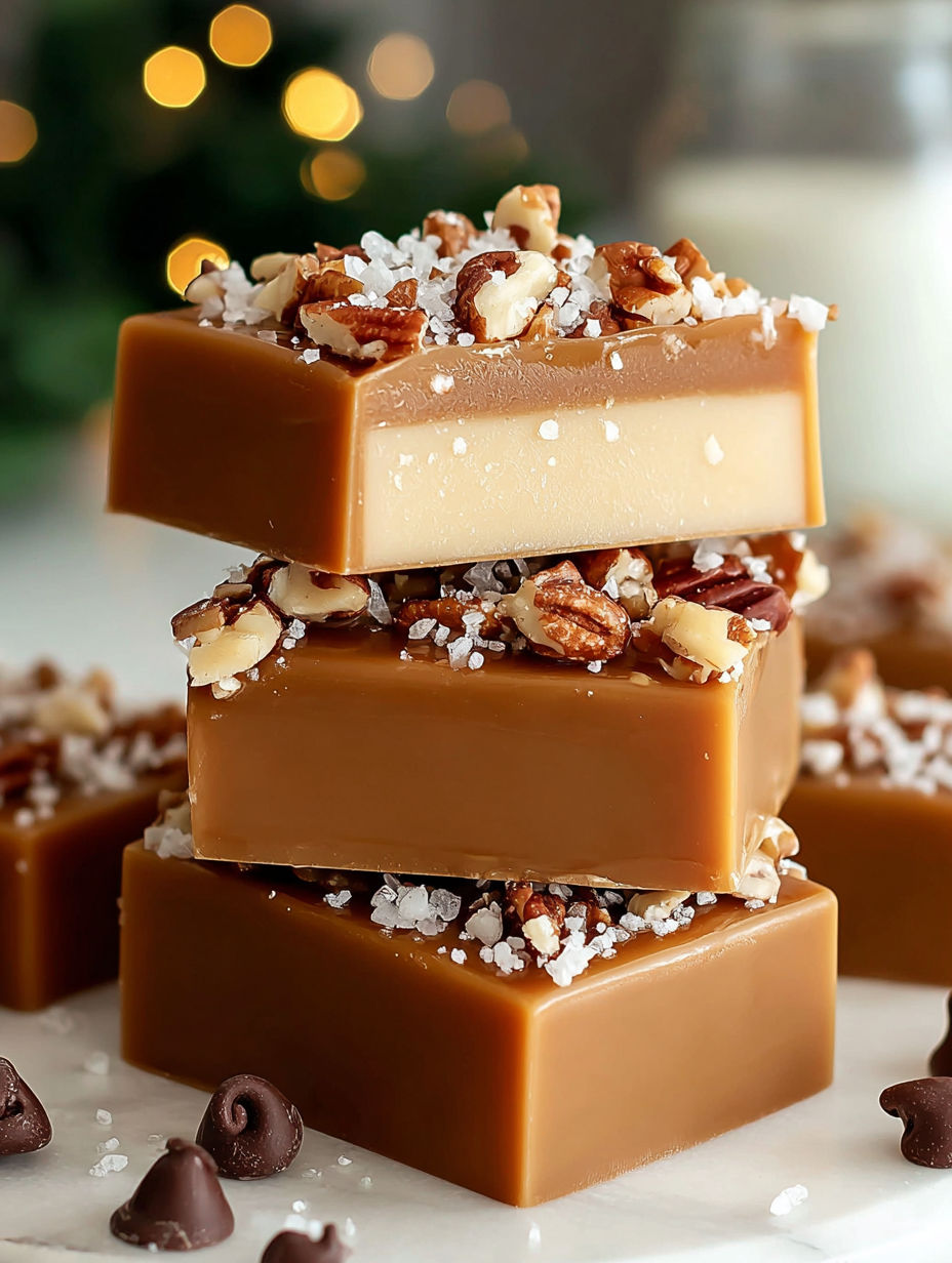 Three stacks of toffee with nuts.