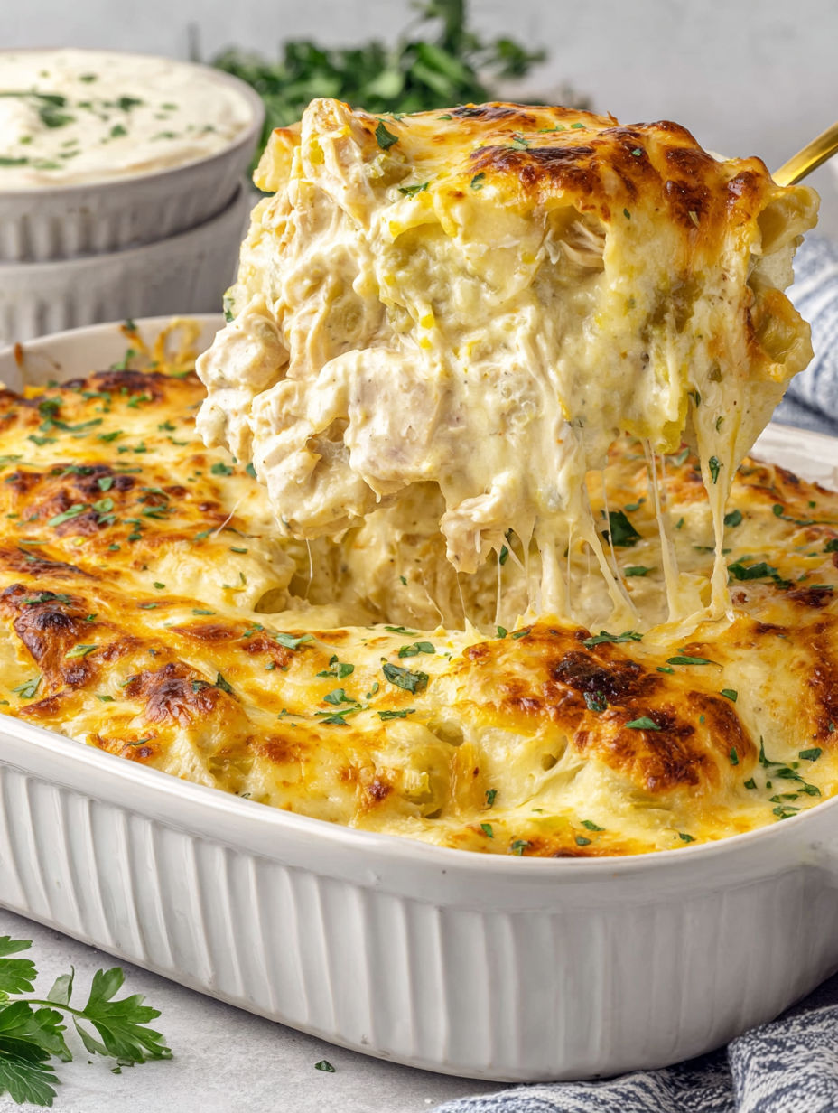 A skillet of white chicken enchiladas.