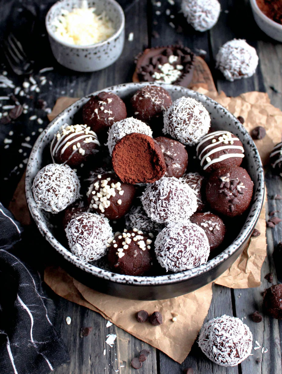 A bowl of chocolate truffles with white sprinkles.