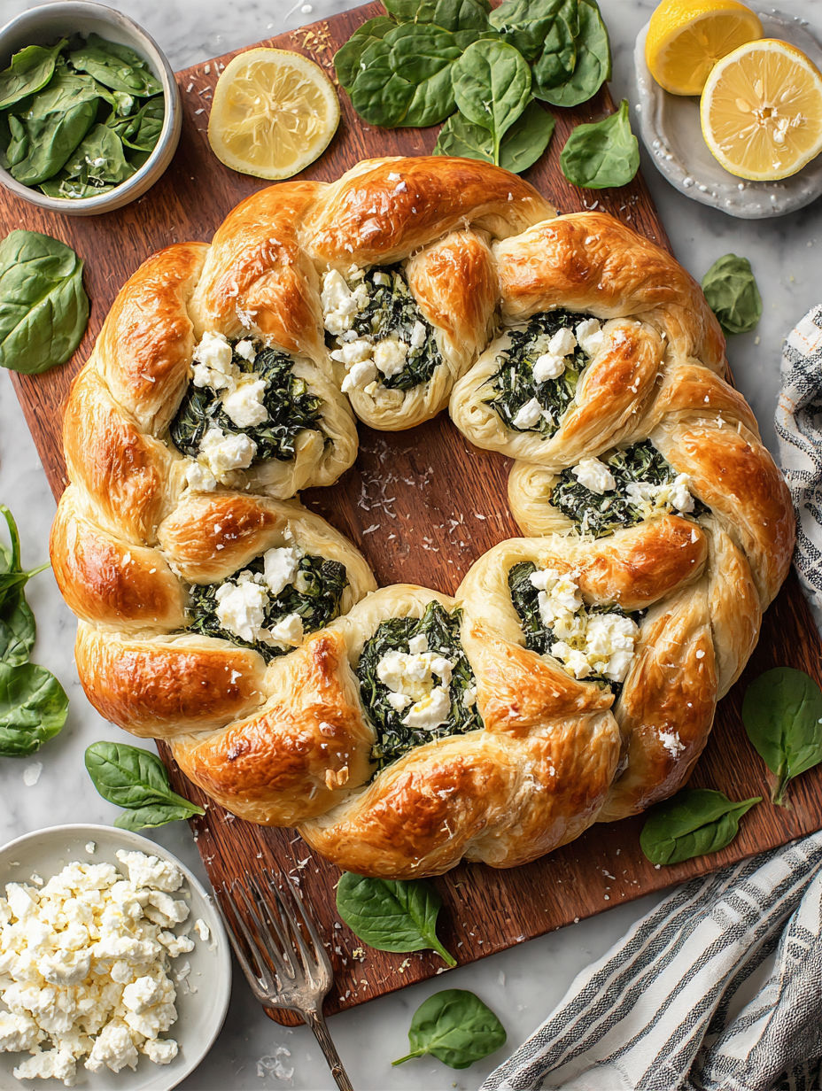 A spinach puff ring on a wooden board.