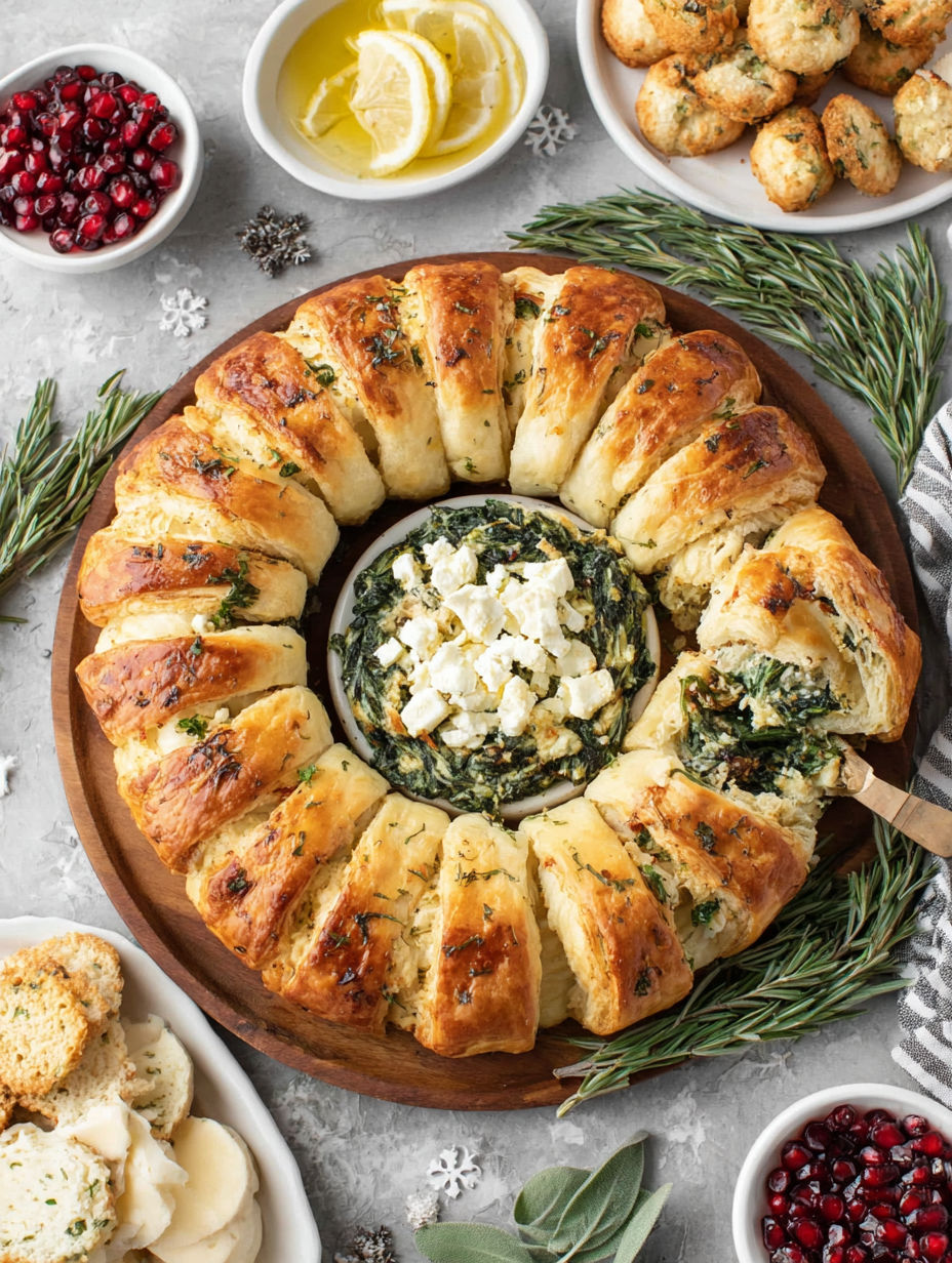 A wreath of spinach puff ring.