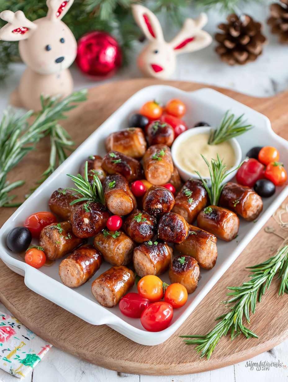 A white dish with sausage and tomatoes.