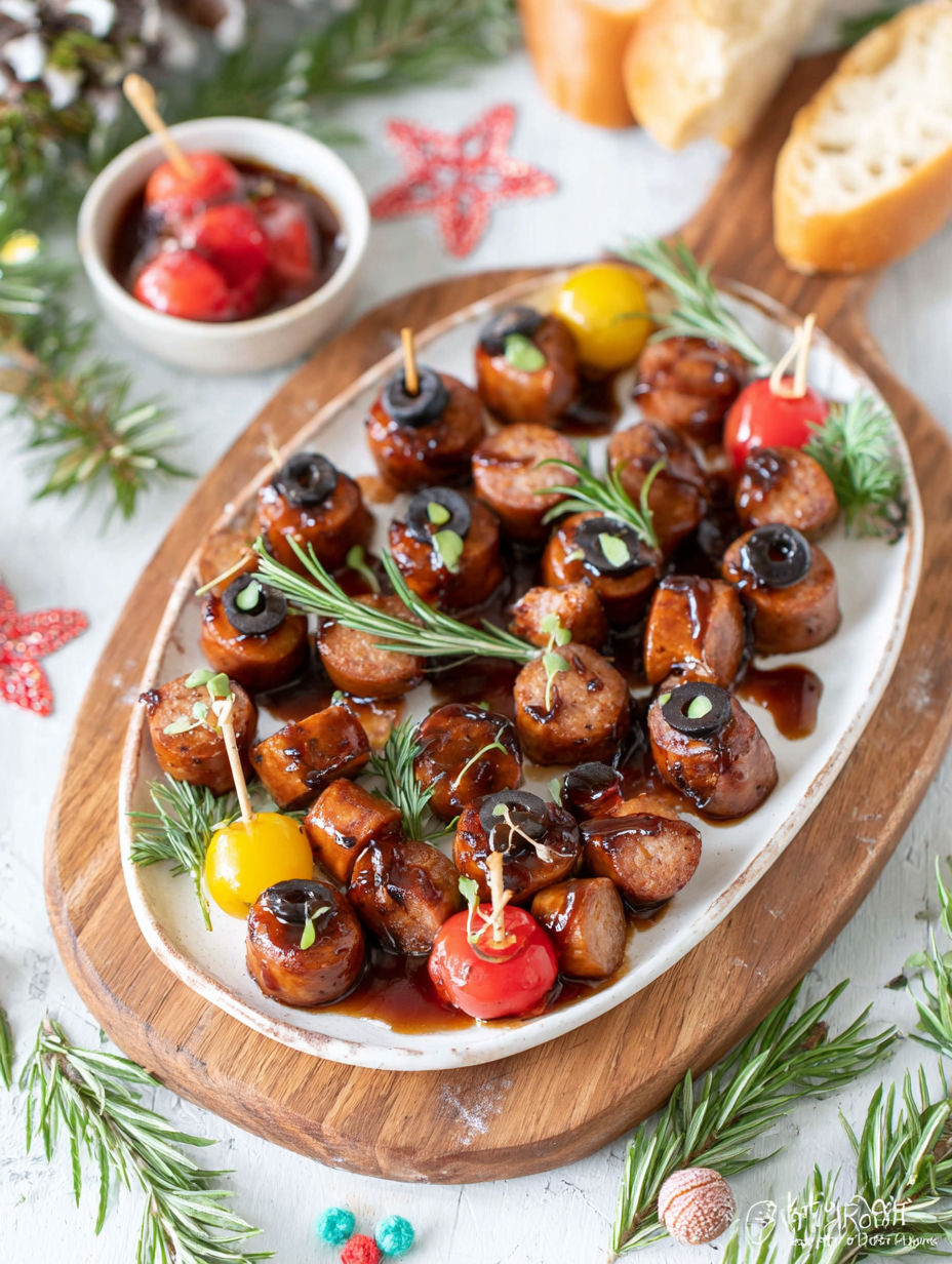 A plate of sausage bites with toothpicks.