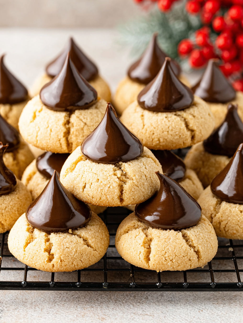 Peanut butter blossom cookies on a cooling rack.