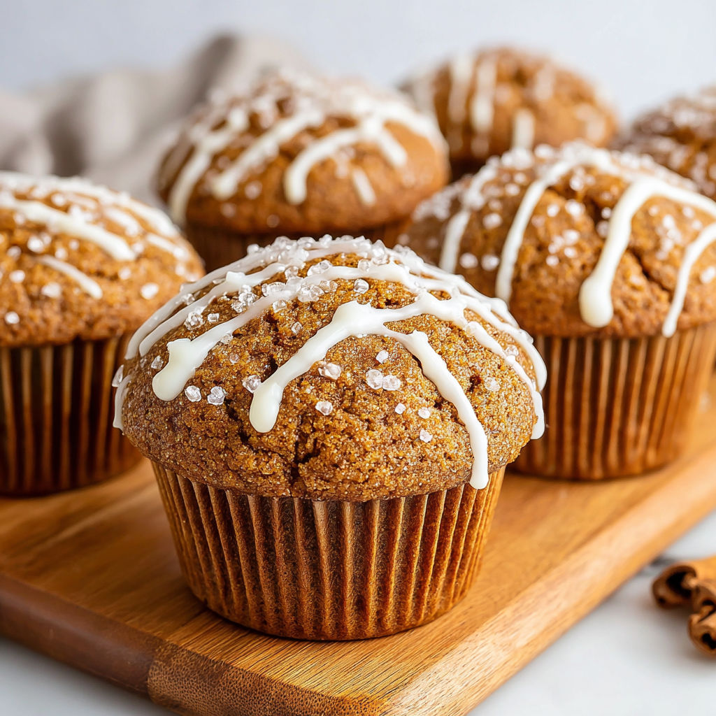 A plate with 6 gingerbread muffins with white icing.
