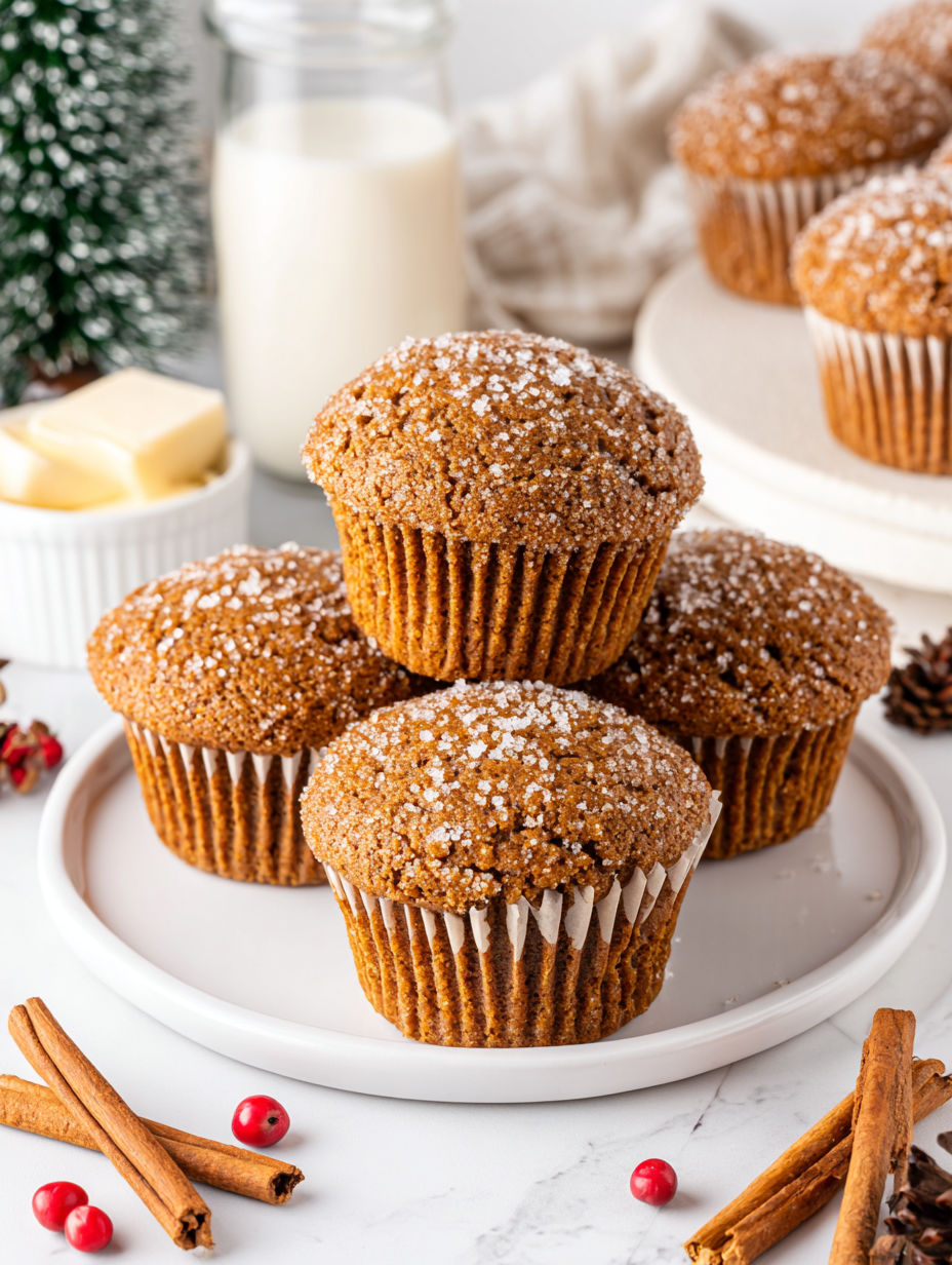 A plate of gingerbread muffins with powdered sugar on top.