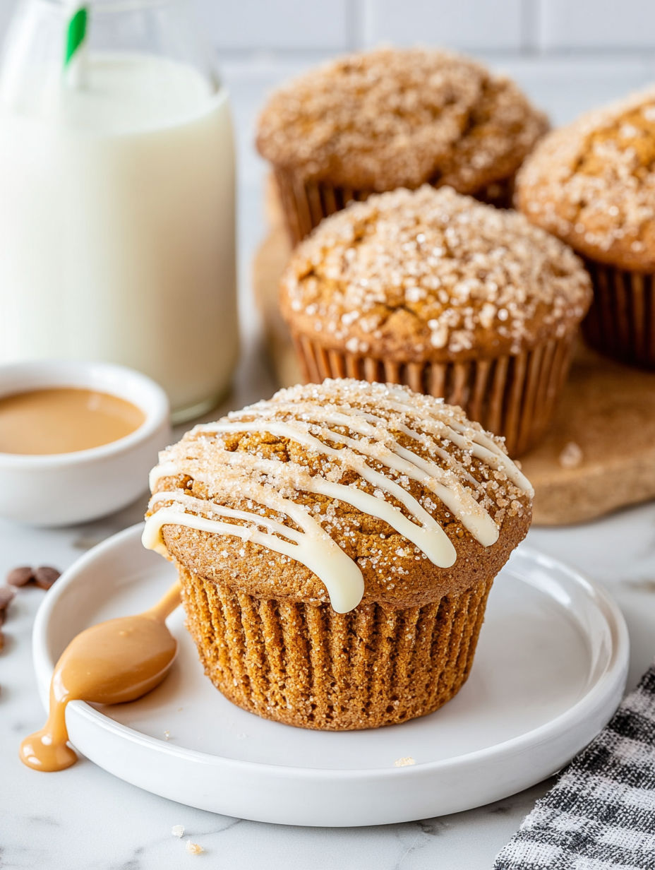 A plate of gingerbread muffins with a white plate and a glass of milk.