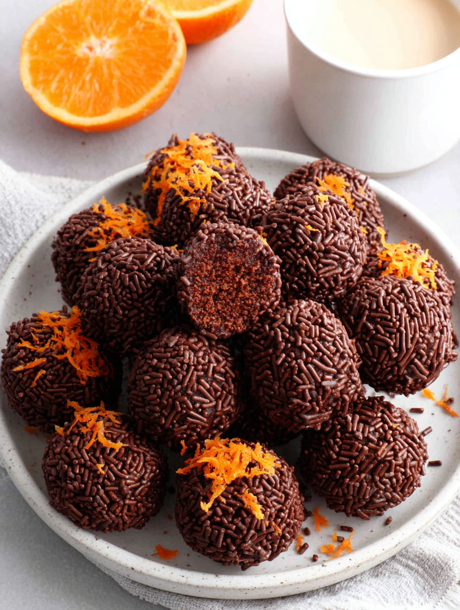A plate of chocolate covered orange truffles.