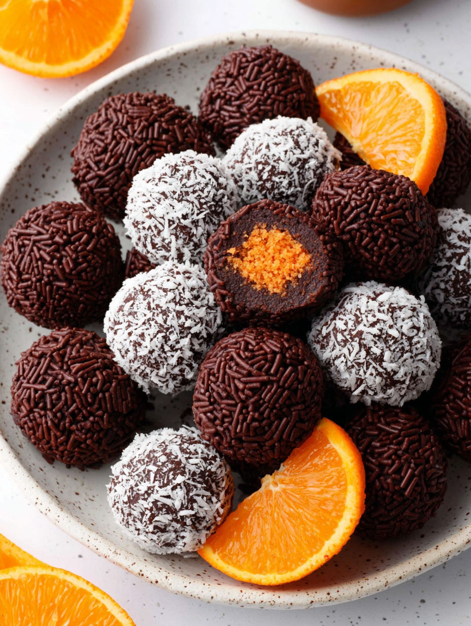 A bowl of chocolate truffles with orange slices.