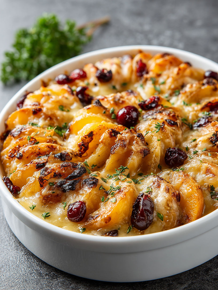 A bowl of food with a cranberry and sweet potato topping.