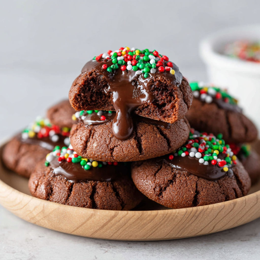 Chocolate thumbprint cookies on a plate.