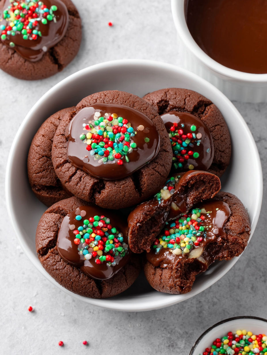 A bowl of chocolate thumbprint cookies.