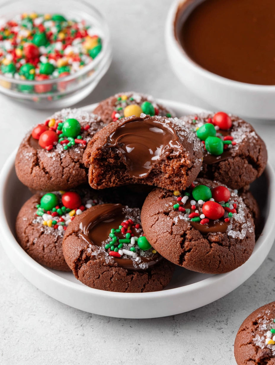 A plate of chocolate thumbprint cookies.