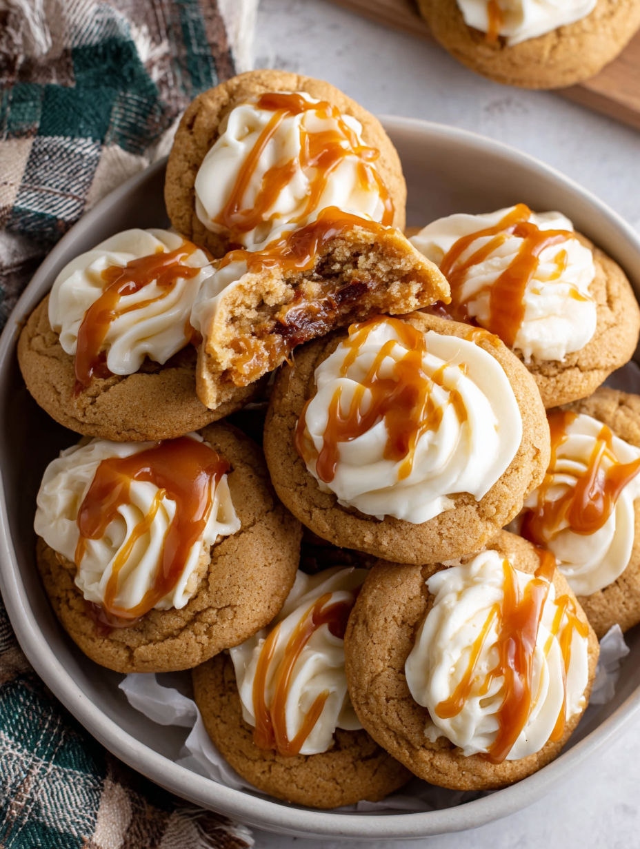 A plate of cookies with caramel drizzle.
