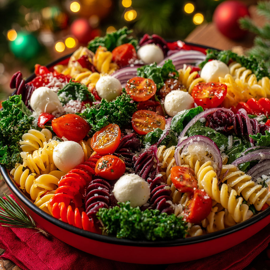 A bowl of pasta salad with tomatoes, onions, and cheese.