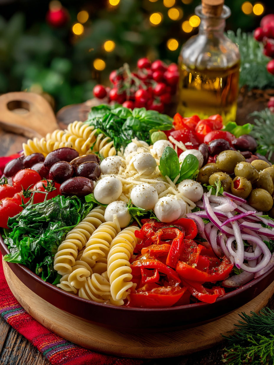 A bowl of pasta salad with tomatoes, olives, and cheese.