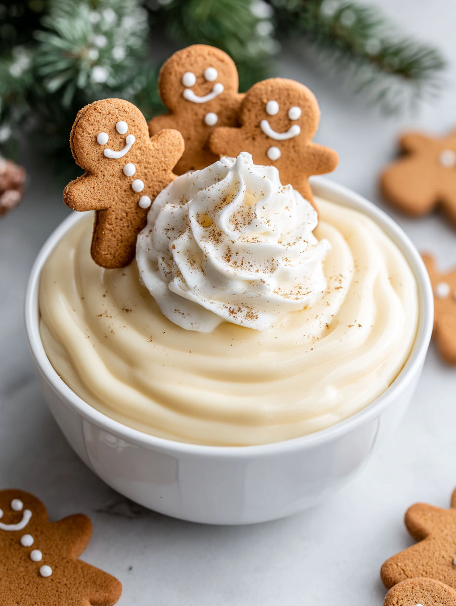 A bowl of eggnog pudding dip with gingerbread cookies on top.