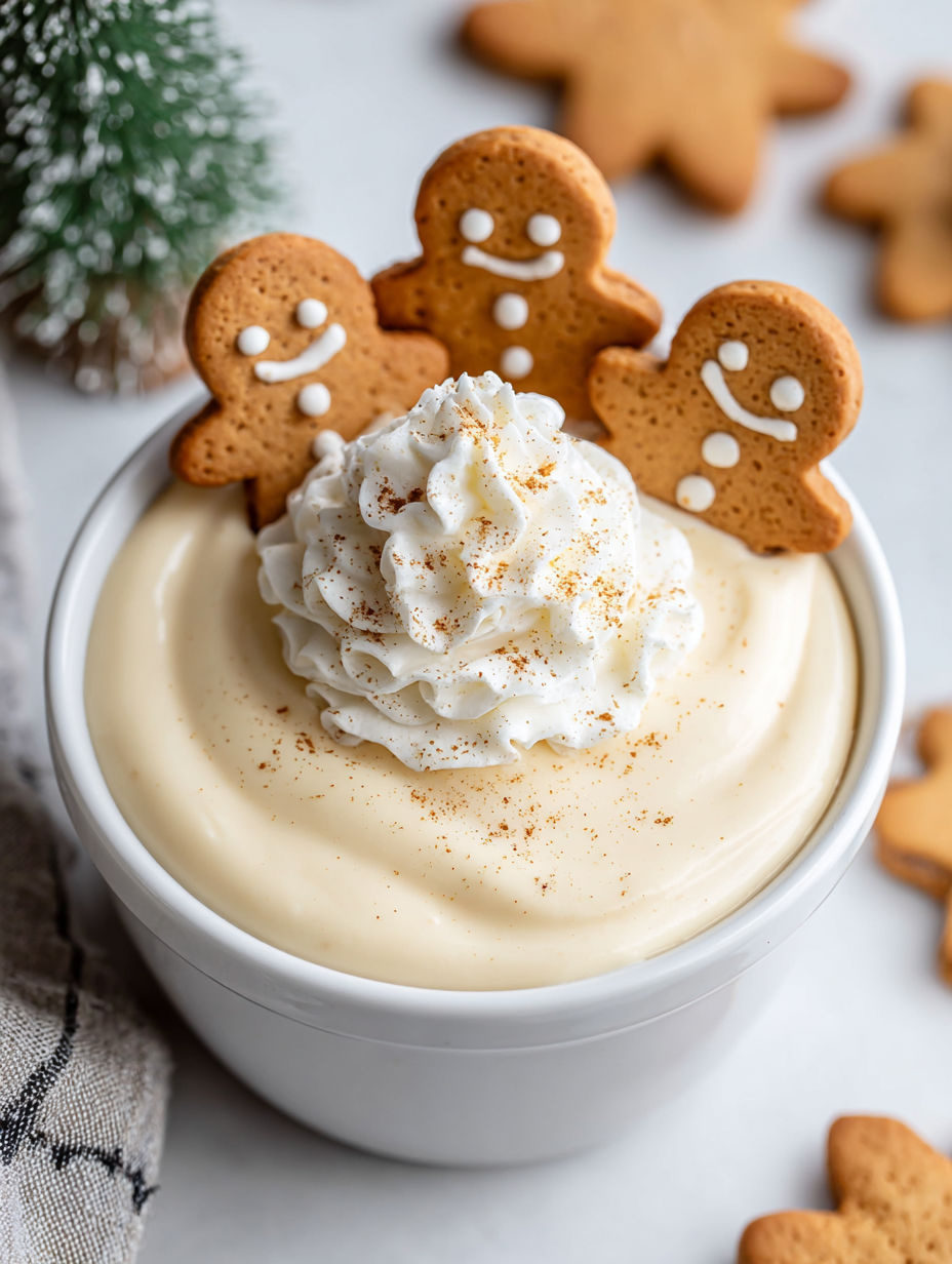 A cup of eggnog pudding dip with cookies on top.