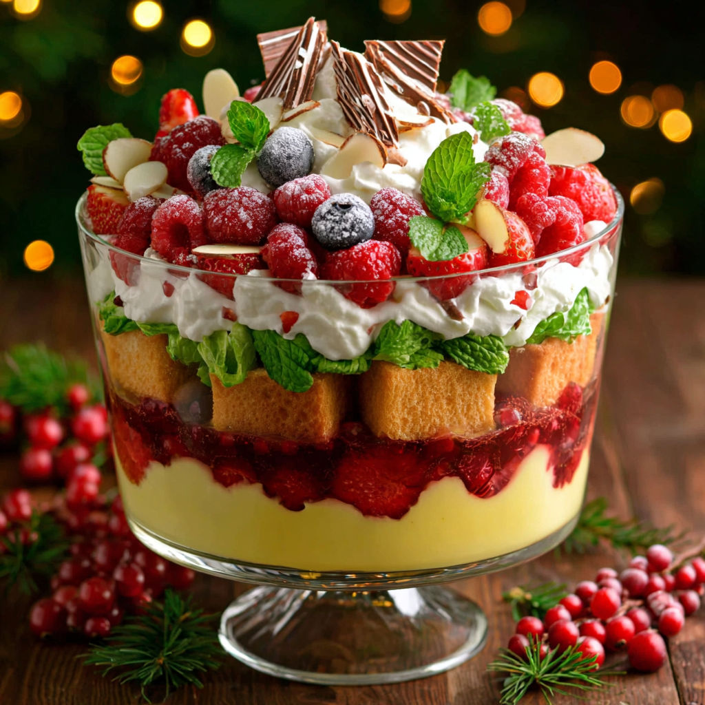 A glass bowl filled with a Christmas trifle.