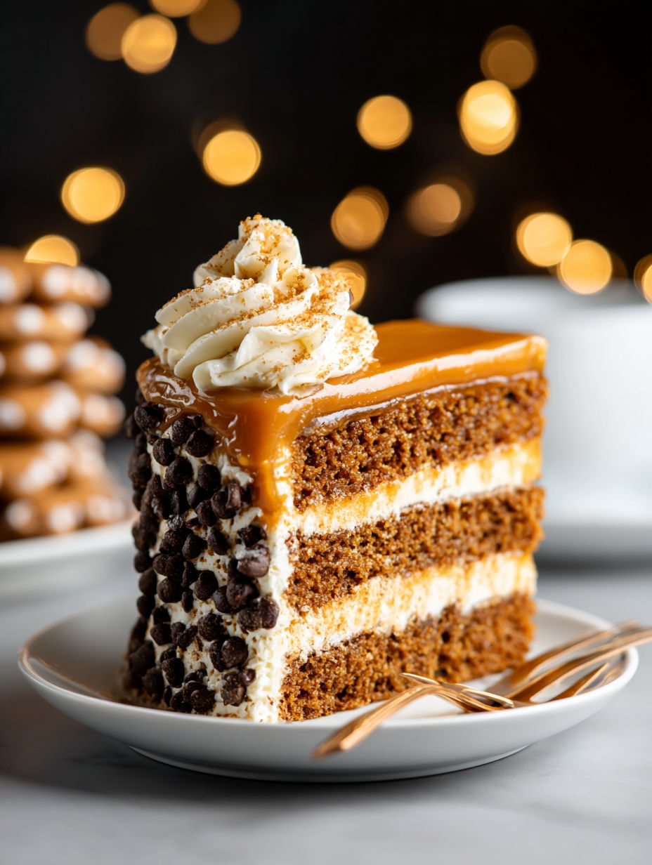 A slice of gingerbread cake with cinnamon and molasses frosting.