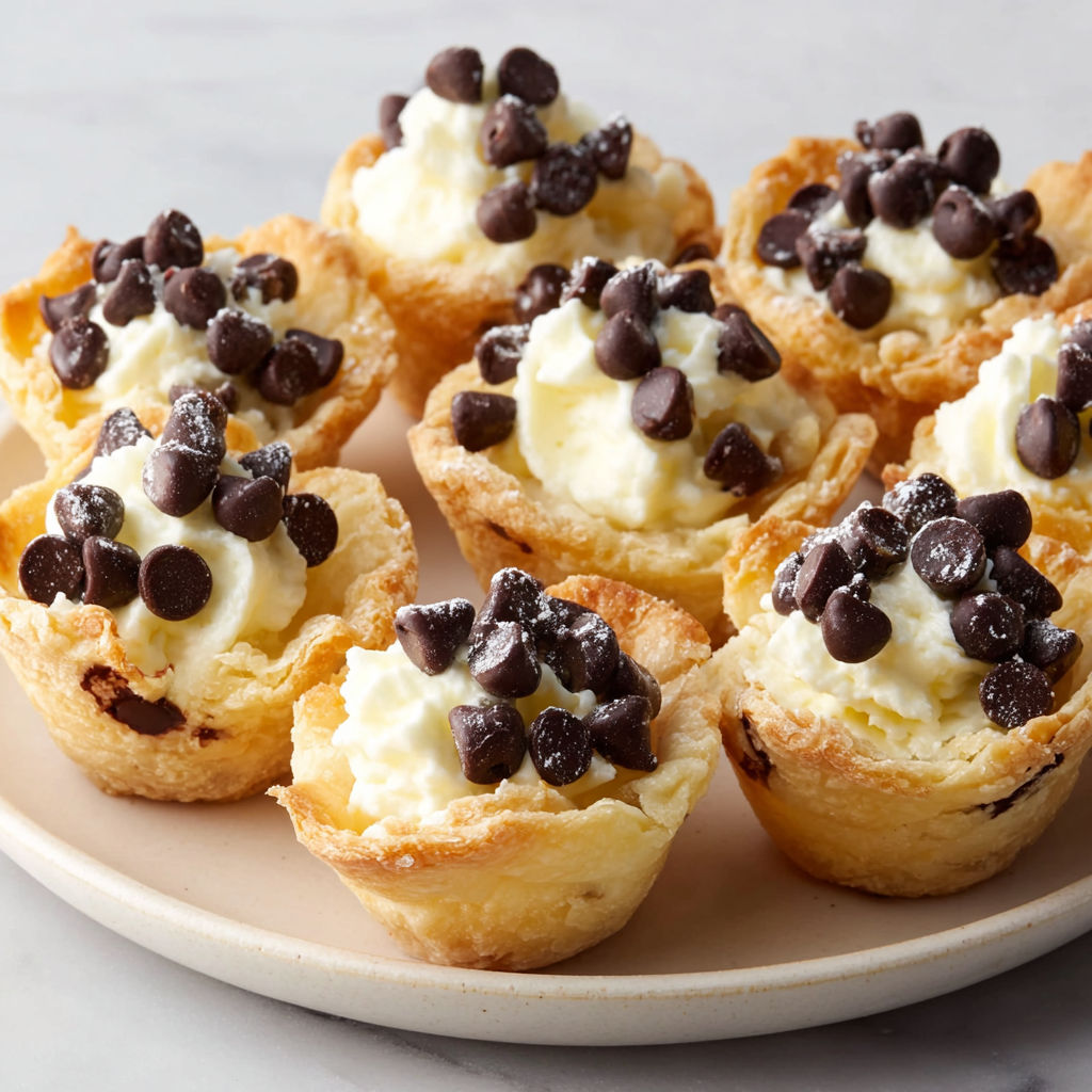 A plate of mini cannoli bites with white and brown toppings.
