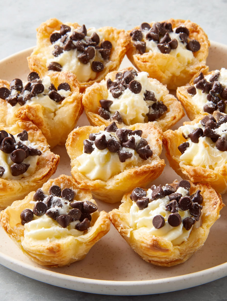 A plate of mini cannoli bites with chocolate chips.