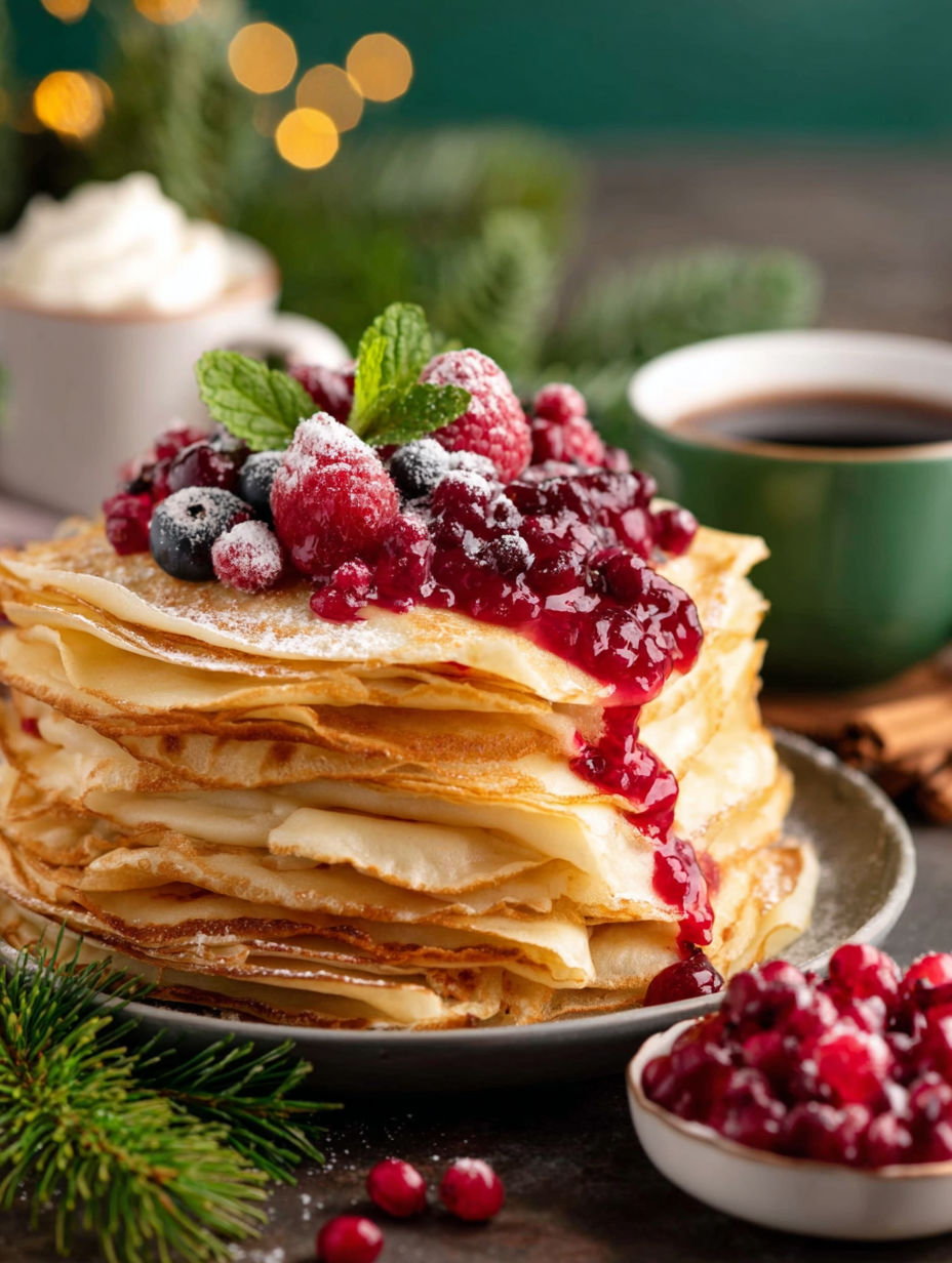 A stack of crepes with berries and whipped cream.