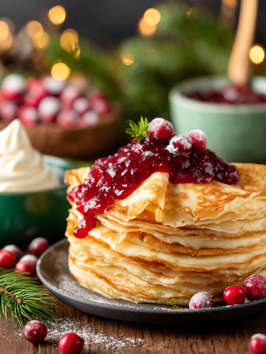 A stack of crepes with berries on top.