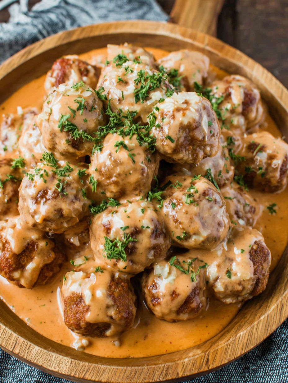 A plate of meatballs covered in a creamy sauce.