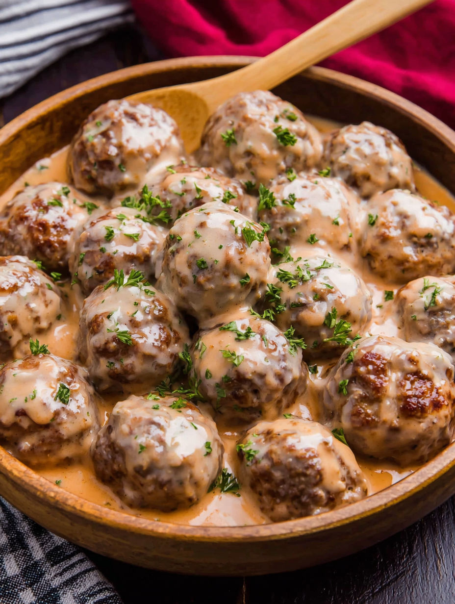 A bowl of meatballs in a creamy sauce.
