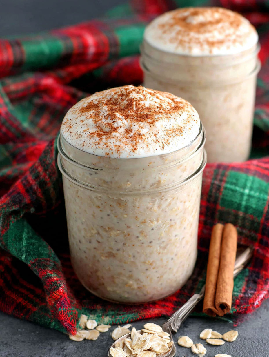 A jar of eggnog oats with cinnamon on a plaid cloth.