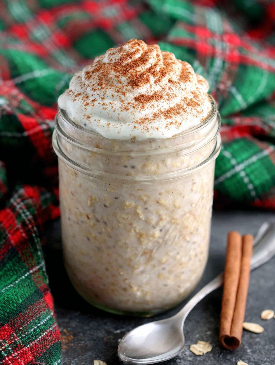 A glass jar of eggnog oats.