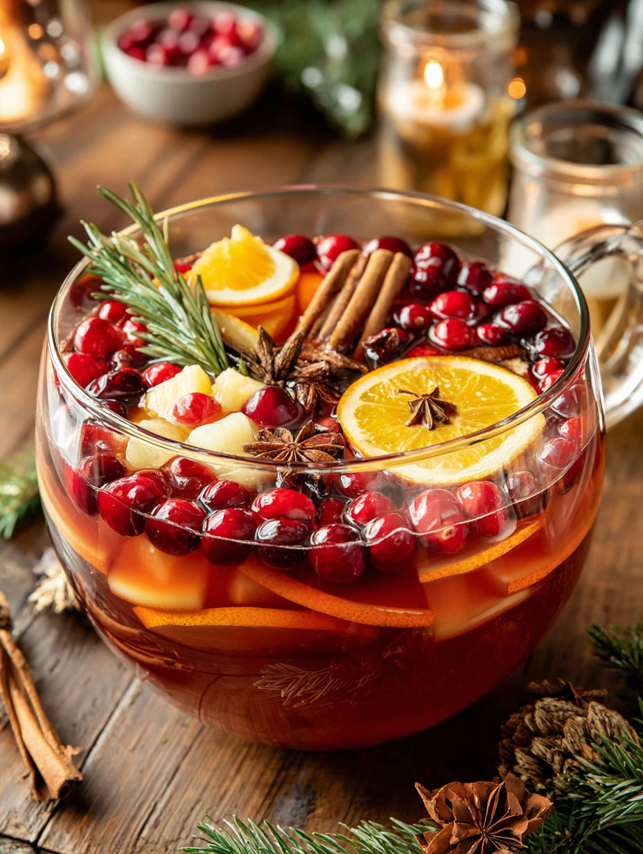 A glass bowl filled with fruit and spices.